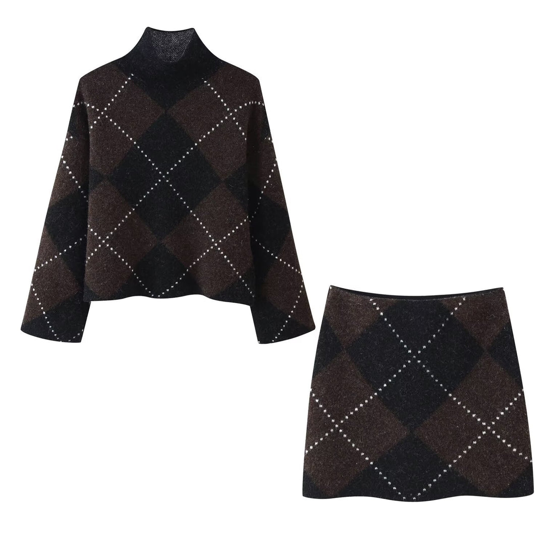 Damen Strick‑Set aus Rollkragen‑Poncho und Minirock mit Argyle‑Muster Shop Nory
