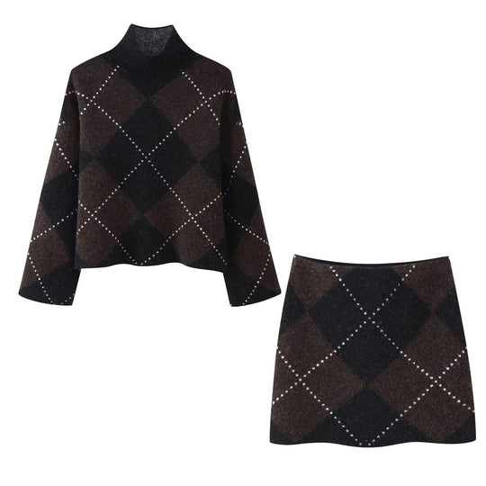 Damen Strick‑Set aus Rollkragen‑Poncho und Minirock mit Argyle‑Muster Shop Nory