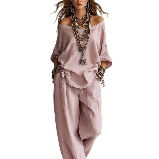 Damen Lässiges Leichtes Lounge-Set mit Carmenausschnitt und Palazzo-Hose Shop Nory