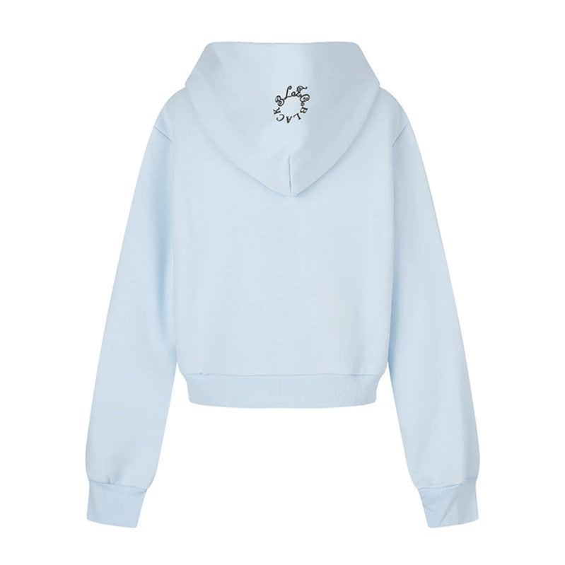 Damen Kapuzen-Sweatjacke mit Fotoprint, kurzem Cropped-Schnitt und Kreuz-Zipper Shop Nory
