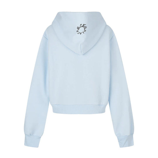Damen Kapuzen-Sweatjacke mit Fotoprint, kurzem Cropped-Schnitt und Kreuz-Zipper Shop Nory