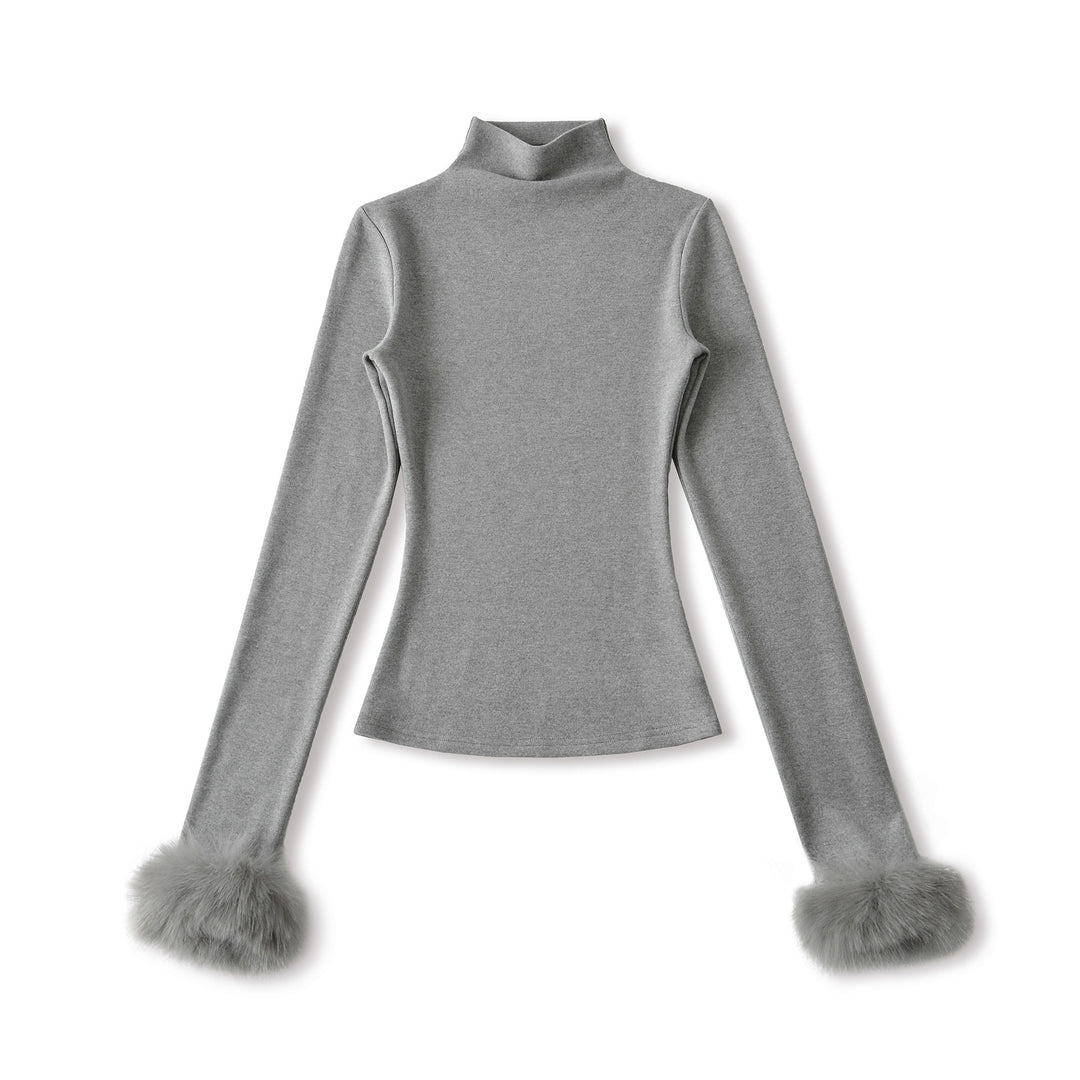 Damen Eng anliegendes Rollkragen-Top mit Kunstfellmanschetten Shop Nory