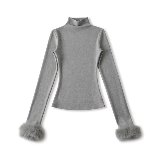 Damen Eng anliegendes Rollkragen-Top mit Kunstfellmanschetten Shop Nory