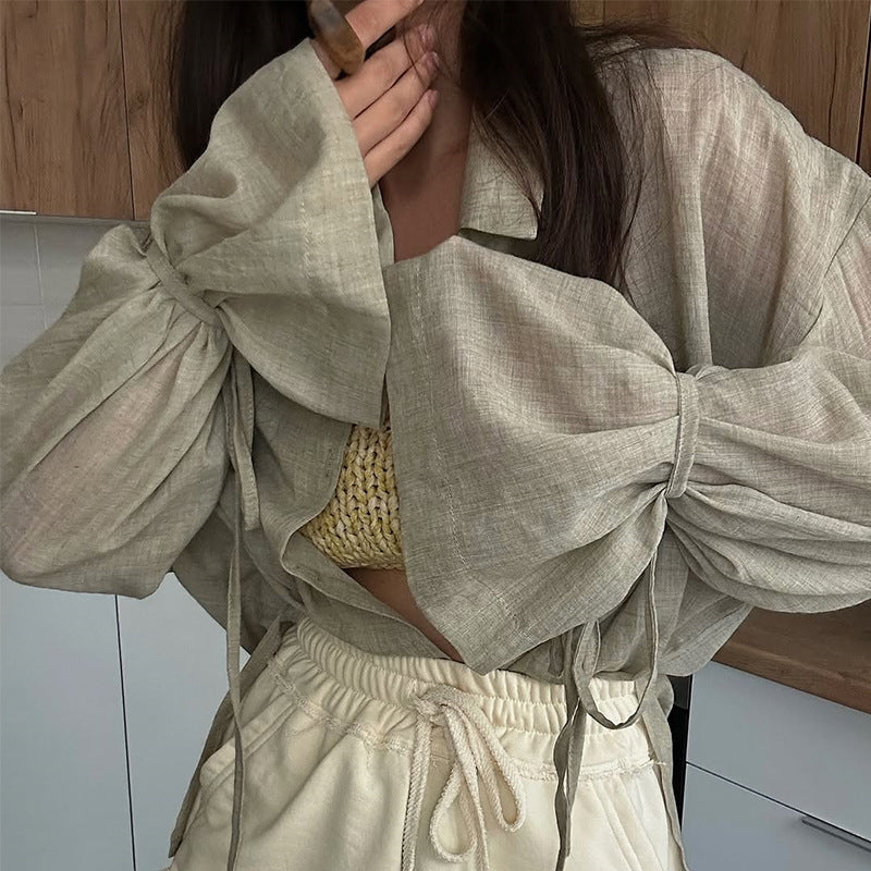 Damen lässige Leinenbluse mit bindbarem Gürtel Shopnory