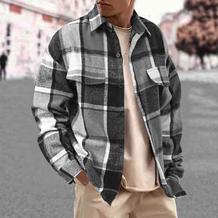 Herren Karierte Flanell-Hemdjacke mit Brusttaschen und Knopfleiste Shop Nory