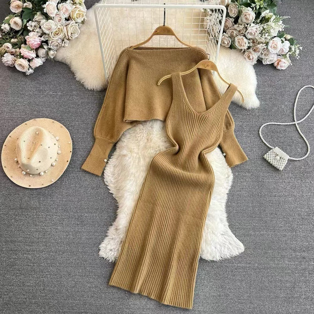 Damen Elegantes Strickkleid mit V-Ausschnitt und passendem Cardigan Shop Nory