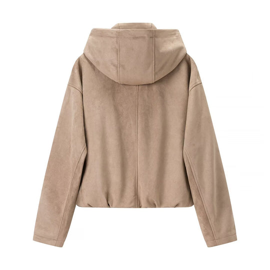 Damen Kurzjacke im Veloursleder‑Look mit Kapuze, Tunnelzug und Reißverschluss Shop Nory