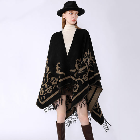 Damen Umhangponcho mit floralen Jacquard-Panels und Fransensaum Shop Nory