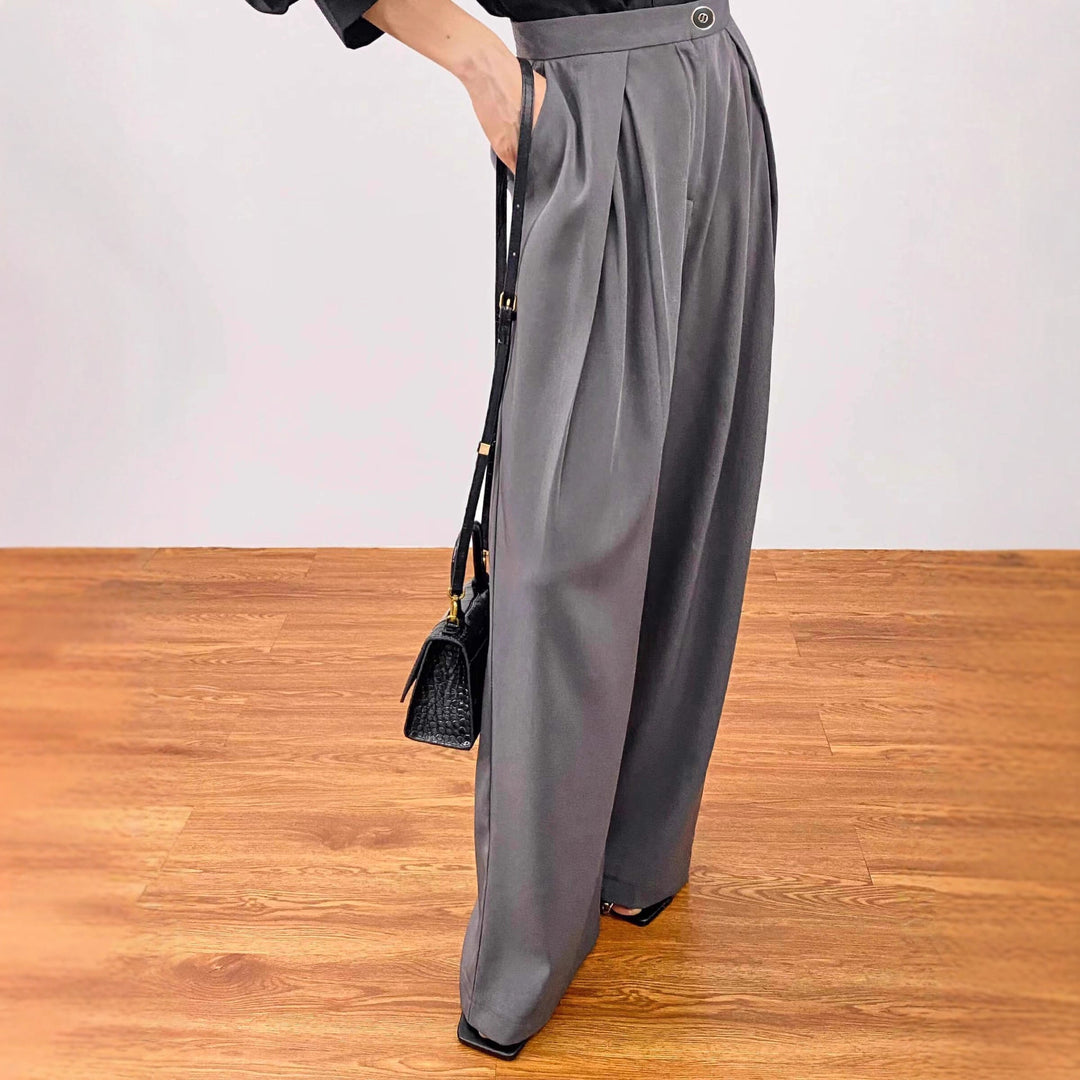 Damen Weite High-Waist Plissee-Hose mit Bundfalten, Gürtelschlaufen und Eingrifftaschen Shop Nory