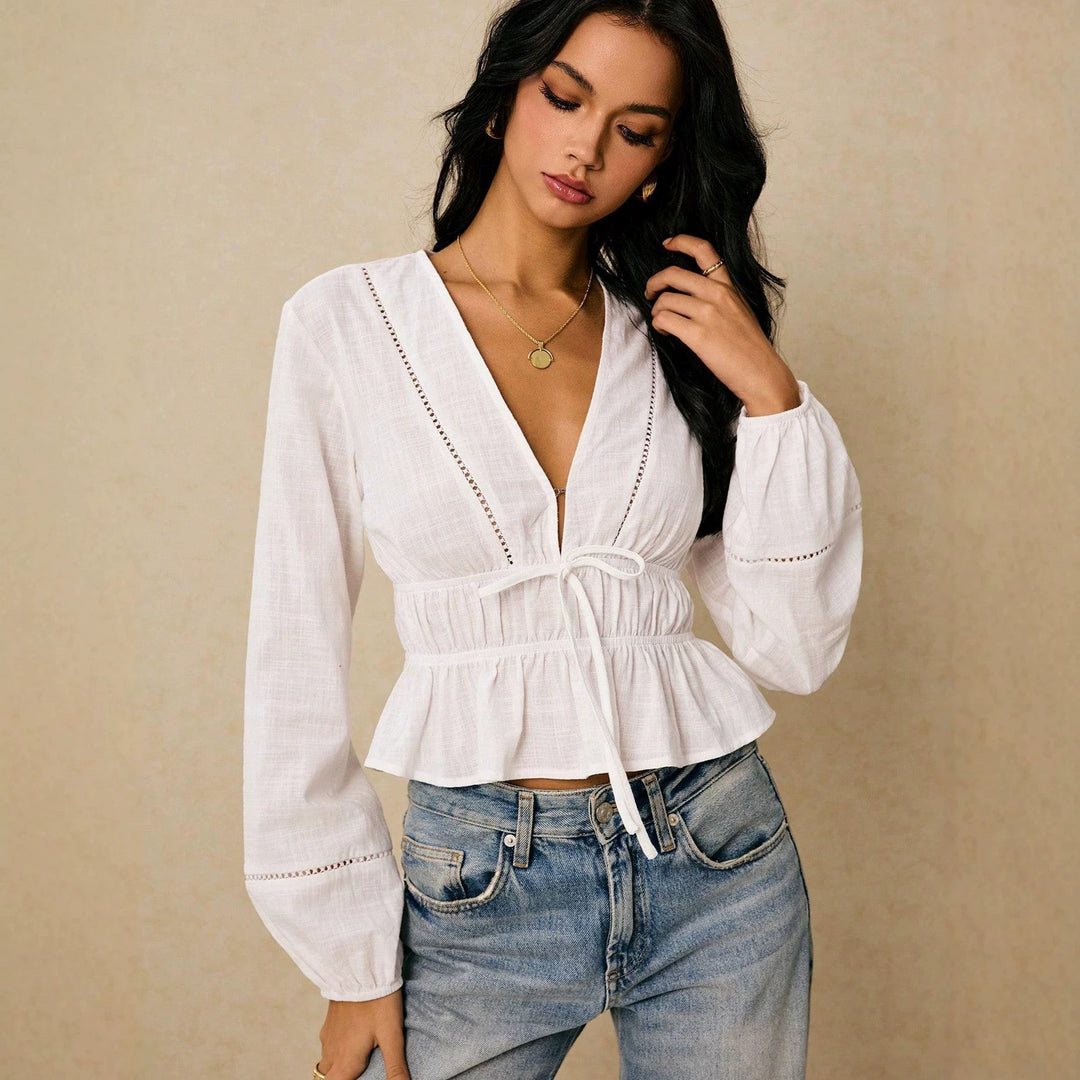 Damen Bluse mit tiefem V‑Ausschnitt, Kordel‑Taillenband und Volant Shop Nory