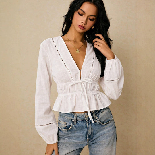 Damen Bluse mit tiefem V‑Ausschnitt, Kordel‑Taillenband und Volant Shop Nory