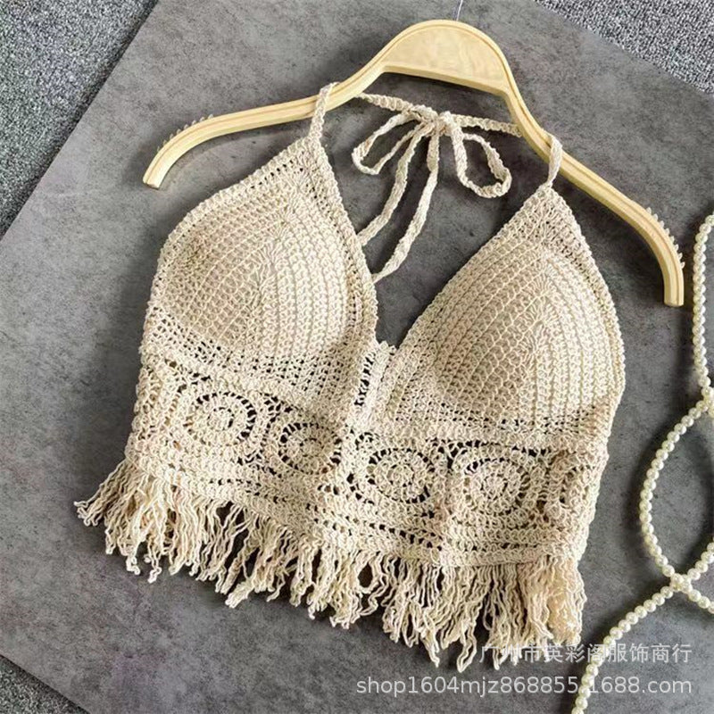 Damen gehäkeltes Bikinioberteil mit bunten Quasten