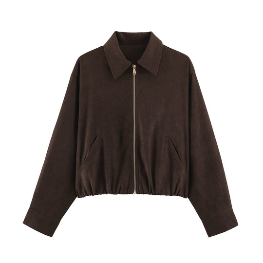 Damen Kurzgeschnittene Bomberjacke mit Reißverschluss, Hemdkragen und elastischem Saum Shop Nory
