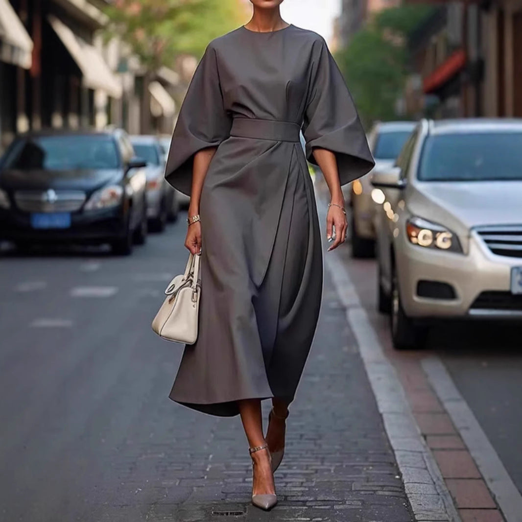 Damen Maxi-Kleid mit voluminösen Ärmeln und elegantem Drapierungsdesign
