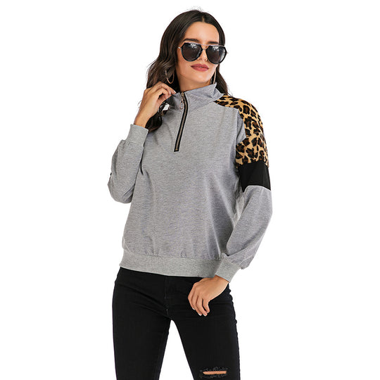 Damen Sweatshirt mit Stehkragen, halbem Reißverschluss & Leo-Detail Shop Nory