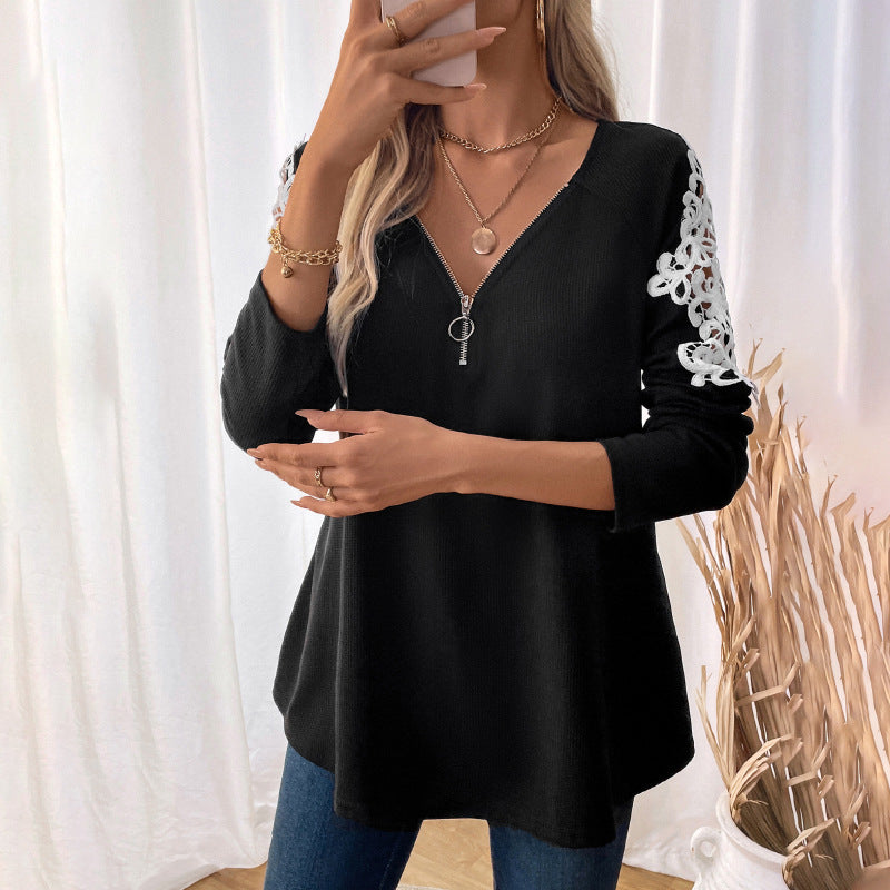 Damen Lässiges Longsleeve-Tunika-Shirt mit V‑Reißverschluss und Spitzenapplikation Shop Nory
