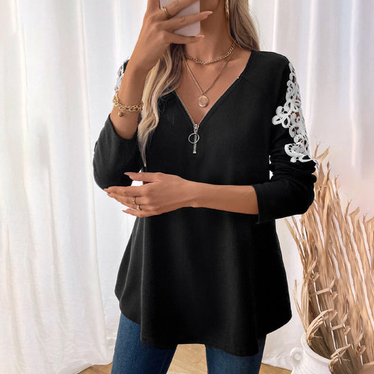 Damen Lässiges Longsleeve-Tunika-Shirt mit V‑Reißverschluss und Spitzenapplikation Shop Nory