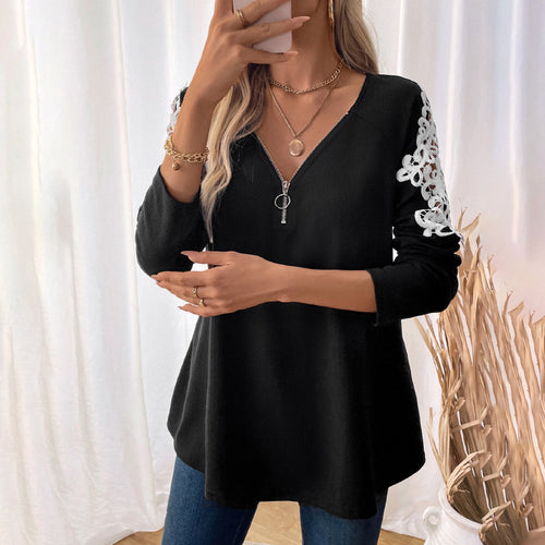 Damen Lässiges Longsleeve-Tunika-Shirt mit V‑Reißverschluss und Spitzenapplikation Shop Nory