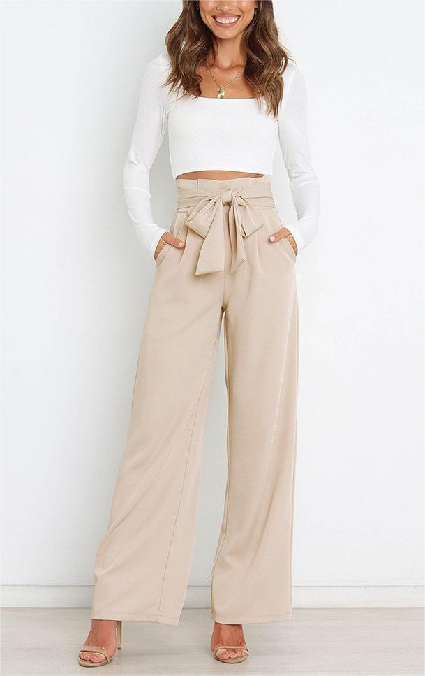 Damen Weit geschnittene High-Waist-Hose mit Binde-Gürtel und Taschen