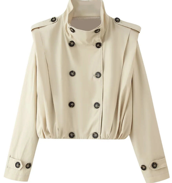 Damen Gekürzte doppeltreihige Trenchjacke mit Stehkragen, Epauletten und elastischem Saum Shop Nory