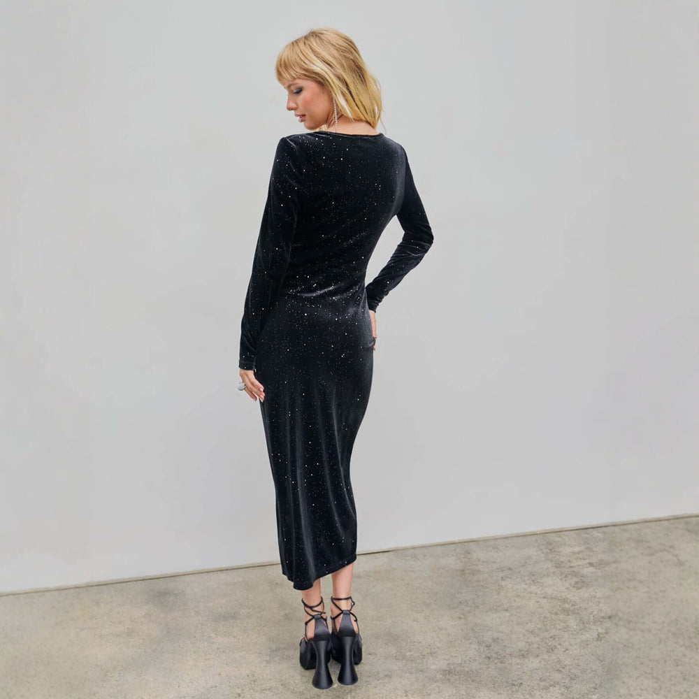Damen glamouröses Samt-Wickelkleid mit Glitzereffekt, Raffung und hohem Beinschlitz Shop Nory