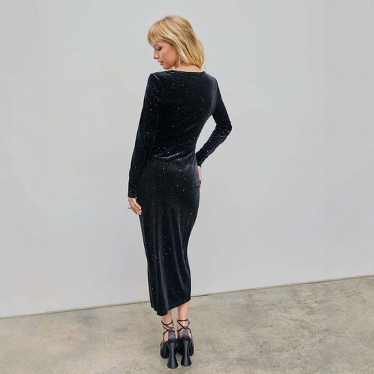 Damen glamouröses Samt-Wickelkleid mit Glitzereffekt, Raffung und hohem Beinschlitz Shop Nory