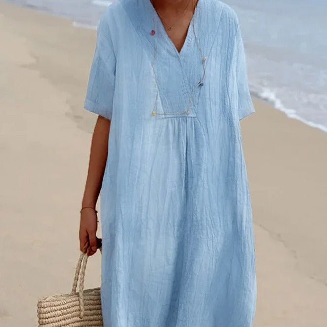 Damen lässiges Midi-Kleid mit V-Ausschnitt und bequemen Kurzärmeln