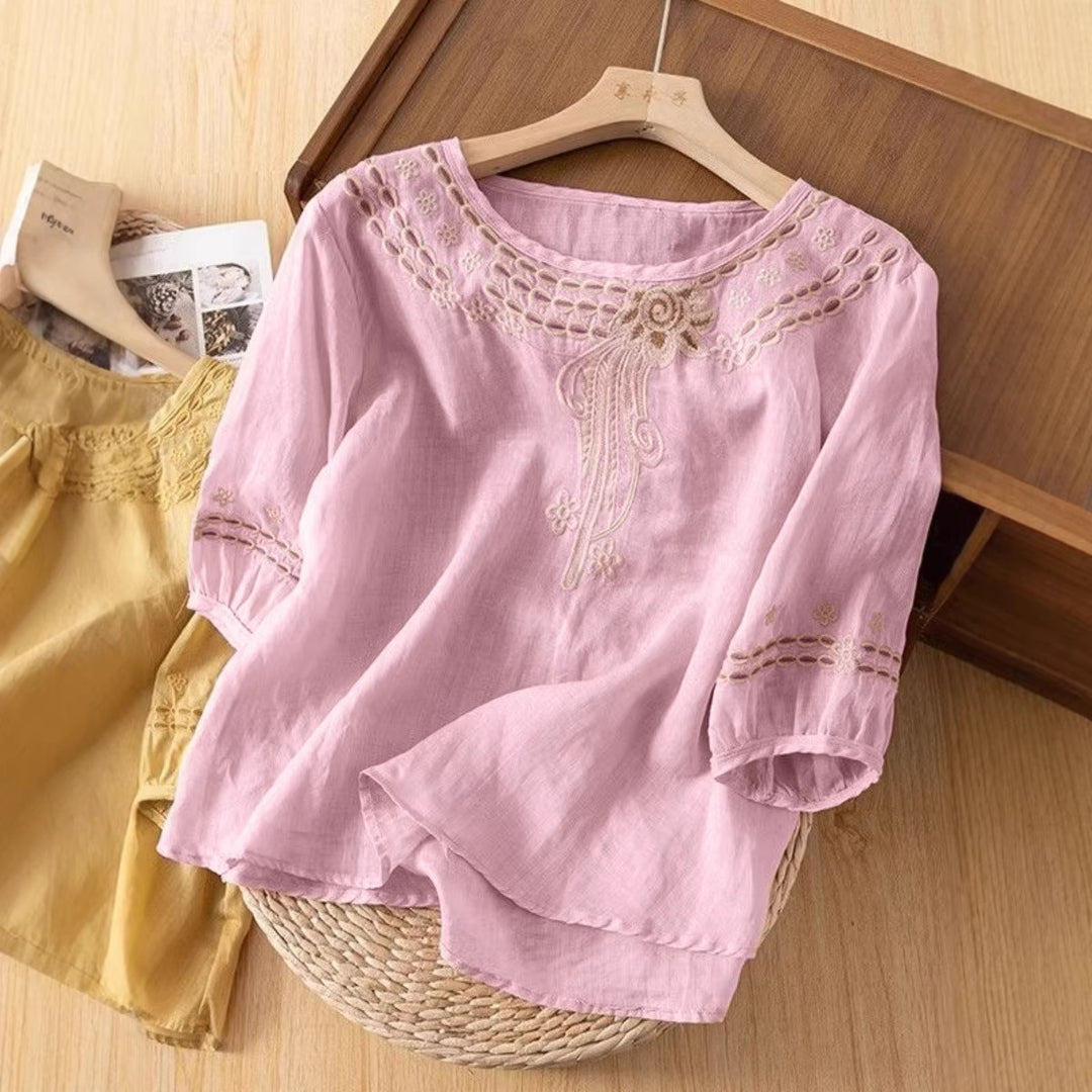Damen Bestickte Leinenoptik-Bluse mit Rundhalsausschnitt und Dreiviertelärmeln Shop Nory