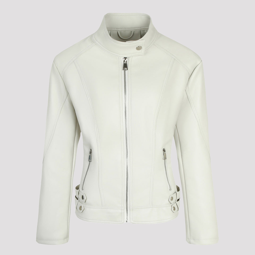 Damen Kurze taillierte Motorjacke aus Kunstleder mit Stehkragen und Schnallgurten Shop Nory
