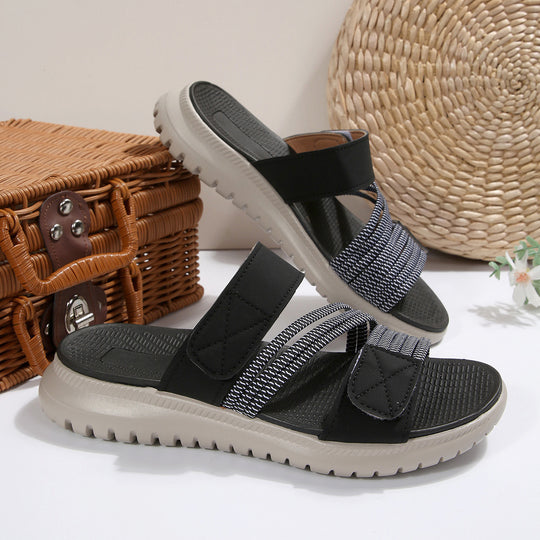 Damen Komfort-Pantolette mit verstellbaren Klettriemen, elastischen Zierbändern und stoßdämpfender Profilsohle Shop Nory