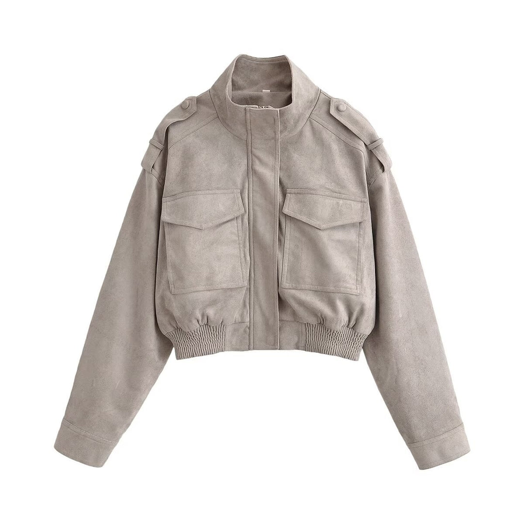 Damen Kurzblouson im Fieldstil aus Veloursleder-Optik mit Stehkragen, Schulterriegeln und breitem Rippbund Shop Nory