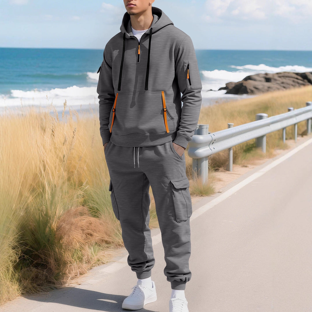 Herren Kapuzensweatshirt mit Utility-Taschen, Halbzip und kontrastierenden Reißverschlüssen Shop Nory