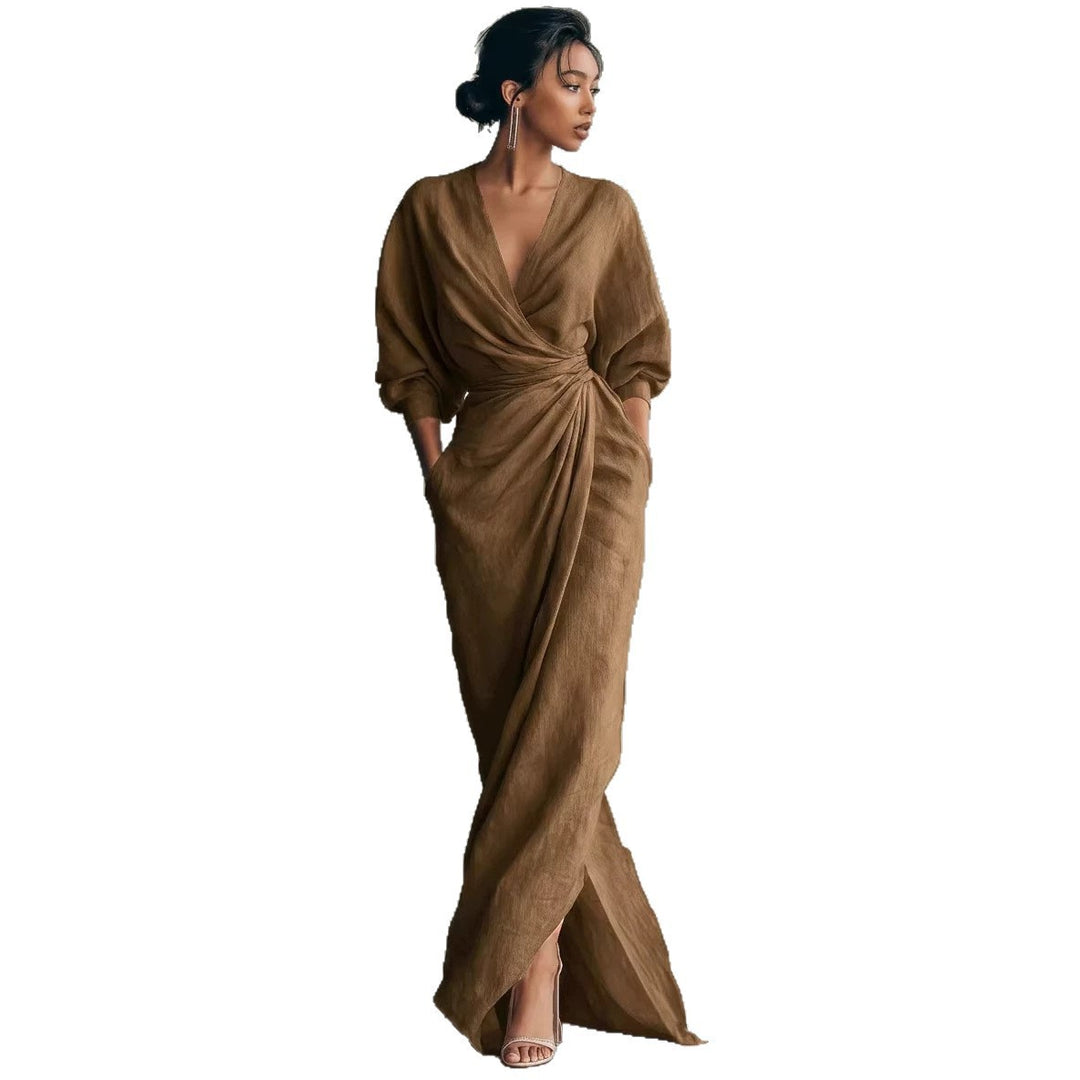 Damen Wickel-Maxikleid aus Leinenmix mit tiefem V-Ausschnitt und Ballonärmeln Shop Nory