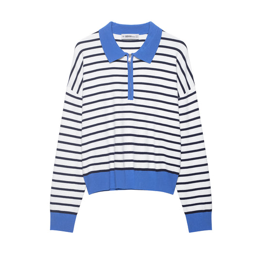 Damen Gestreiftes Cropped Strickpolo mit halbem Reißverschluss und breitem Rippbund Shop Nory