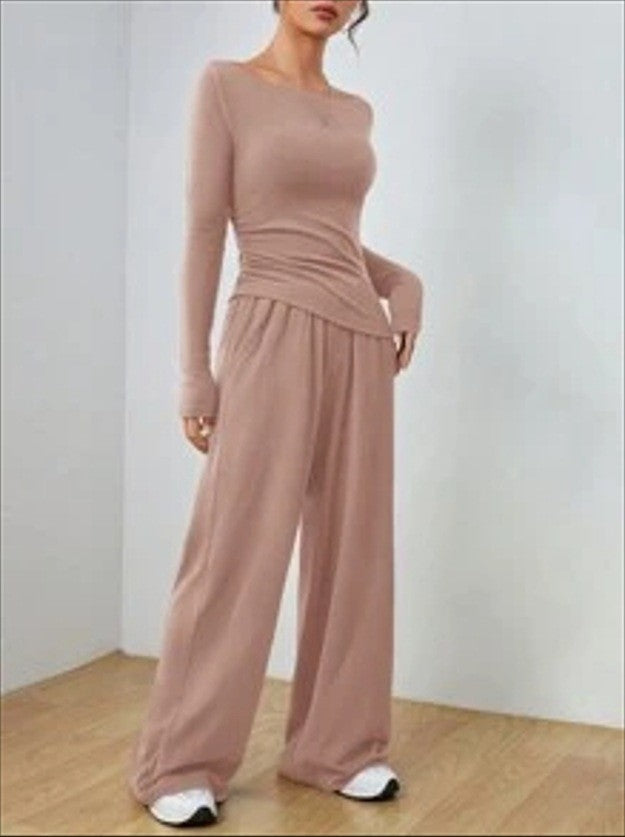 Damen Lässiges Two‑Piece Lounge‑Set mit U‑Boot‑Ausschnitt, taillierter Drapierung und weitem Palazzohose Shop Nory