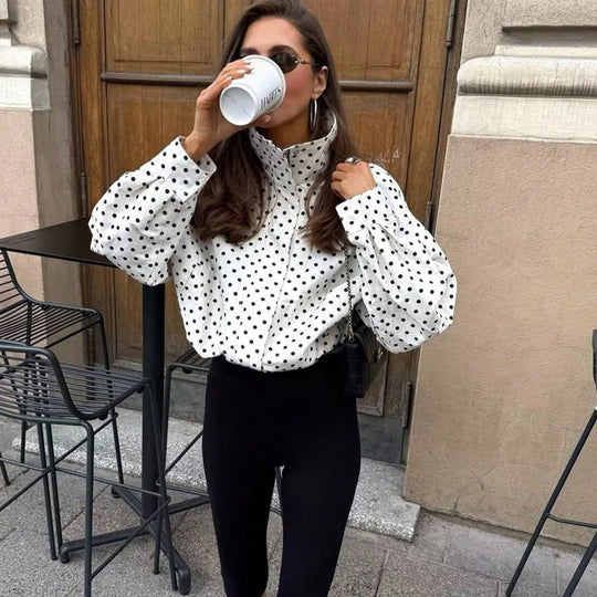 Damen Polka‑Dot Stehkragen‑Bluse mit oversized Ballonärmeln Shop Nory