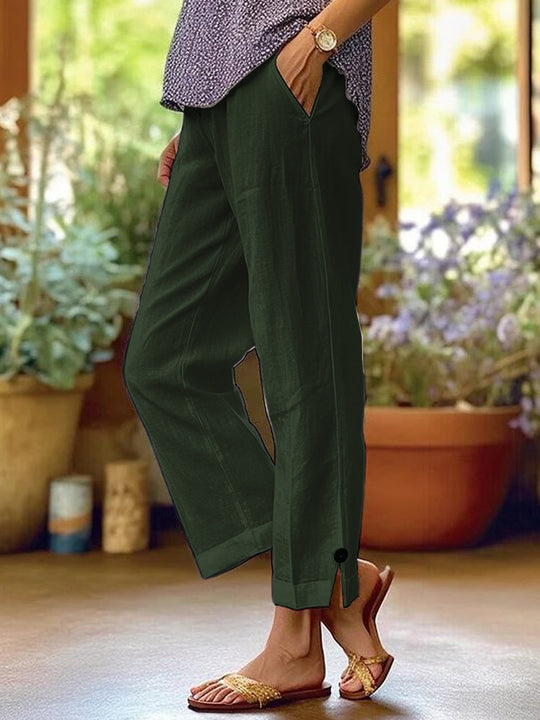 Damen Leinenhose mit lockerer, knöchellanger Passform, seitlichen Eingrifftaschen und Zierknopf-Details Shop Nory