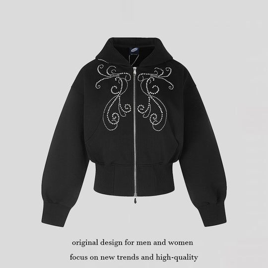 Damen Taillierte Kapuzen-Sweatjacke im Bomberstil mit Strass‑Ornament Shop Nory
