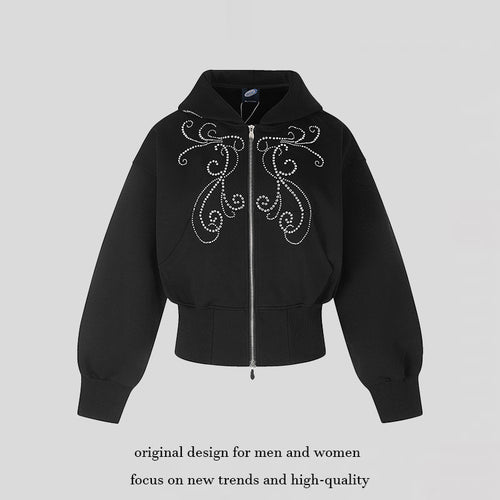 Damen Taillierte Kapuzen-Sweatjacke im Bomberstil mit Strass‑Ornament Shop Nory