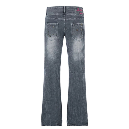 Damen High‑Waist Flared-Jeans mit weitem Bein, Doppelknopf und Nieten-Detail Shop Nory