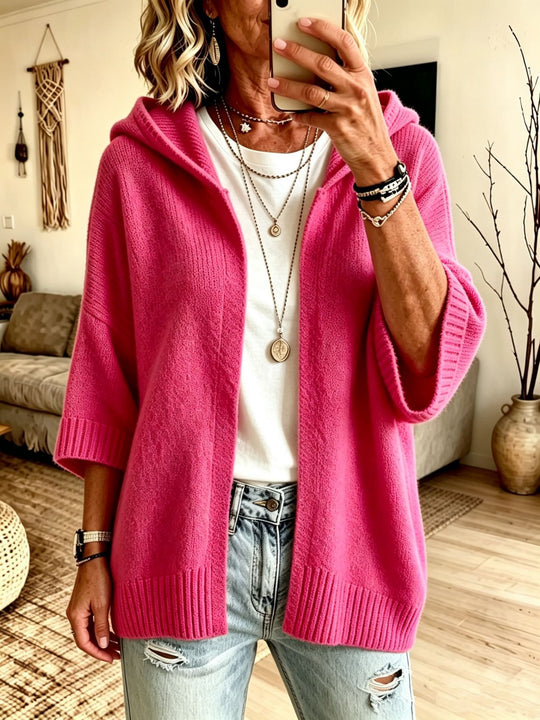 Damen Kapuzen-Longcardigan aus grobem Strick mit 3/4-Ärmeln und offener Front Shop Nory