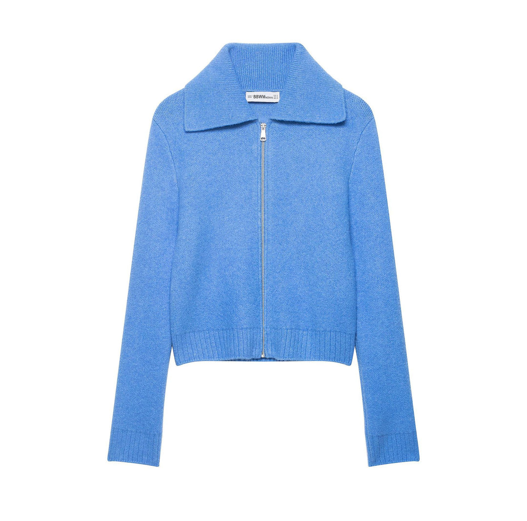 Damen Grobgestrickte Kurzjacke mit Reißverschluss, weitem Kragen und geripptem Saum Shop Nory