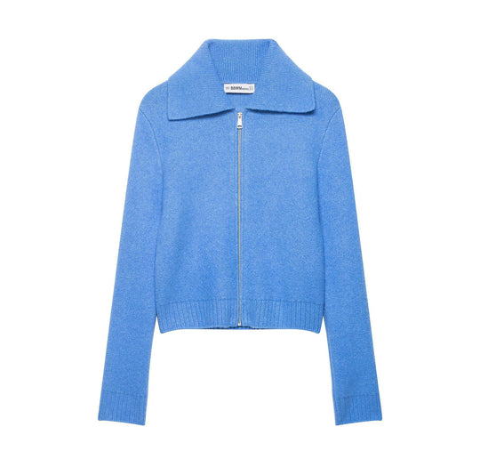Damen Grobgestrickte Kurzjacke mit Reißverschluss, weitem Kragen und geripptem Saum Shop Nory