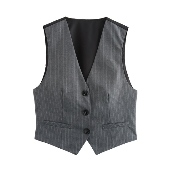 Damen Taillierte Nadelstreifen-Weste mit Reversloser Silhouette und Leistentaschen Shop Nory
