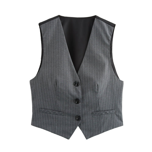 Damen Taillierte Nadelstreifen-Weste mit Reversloser Silhouette und Leistentaschen Shop Nory