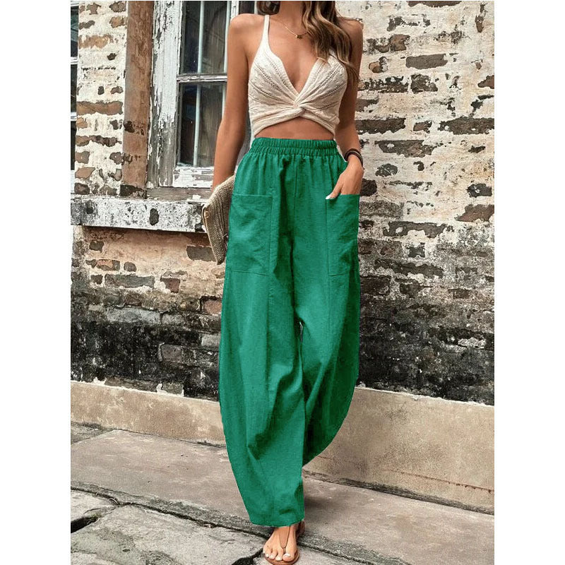 Damen Weite Leinenhose mit elastischem Bund, aufgesetzten Taschen und lässigem Harem-Schnitt Shop Nory