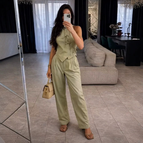 Damen Zweiteiliges tailliertes Weste- und weites Hosen-Set mit Schnürdetail Shop Nory
