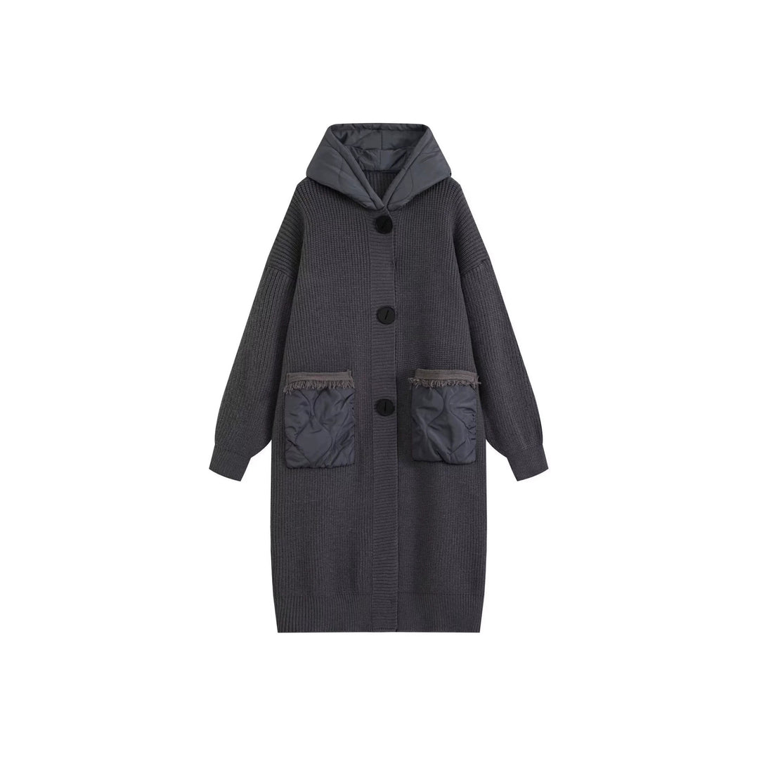 Damen Langer Oversize-Strickmantel mit gesteppter Kapuze und aufgesetzten Stepp-Taschen Shop Nory