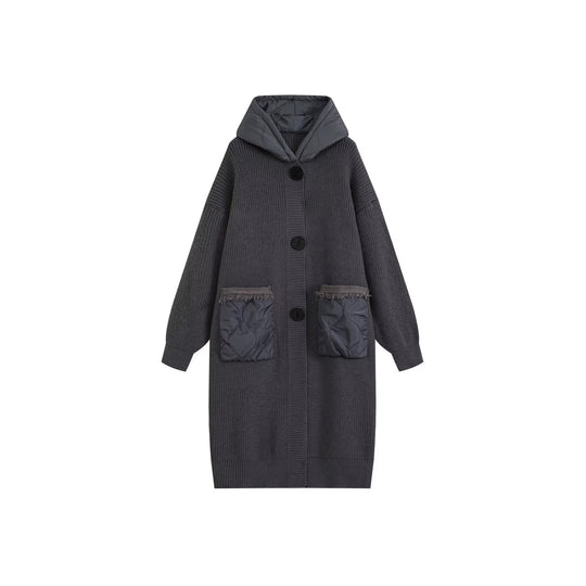 Damen Langer Oversize-Strickmantel mit gesteppter Kapuze und aufgesetzten Stepp-Taschen Shop Nory