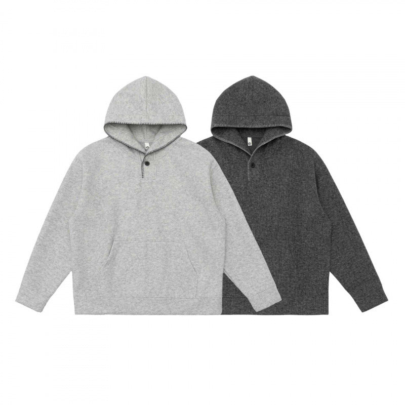 Unisex Oversize Kapuzenpullover aus melierter Fleece‑Mischung mit Henley‑Knopfblende und Kängurutasche Shop Nory